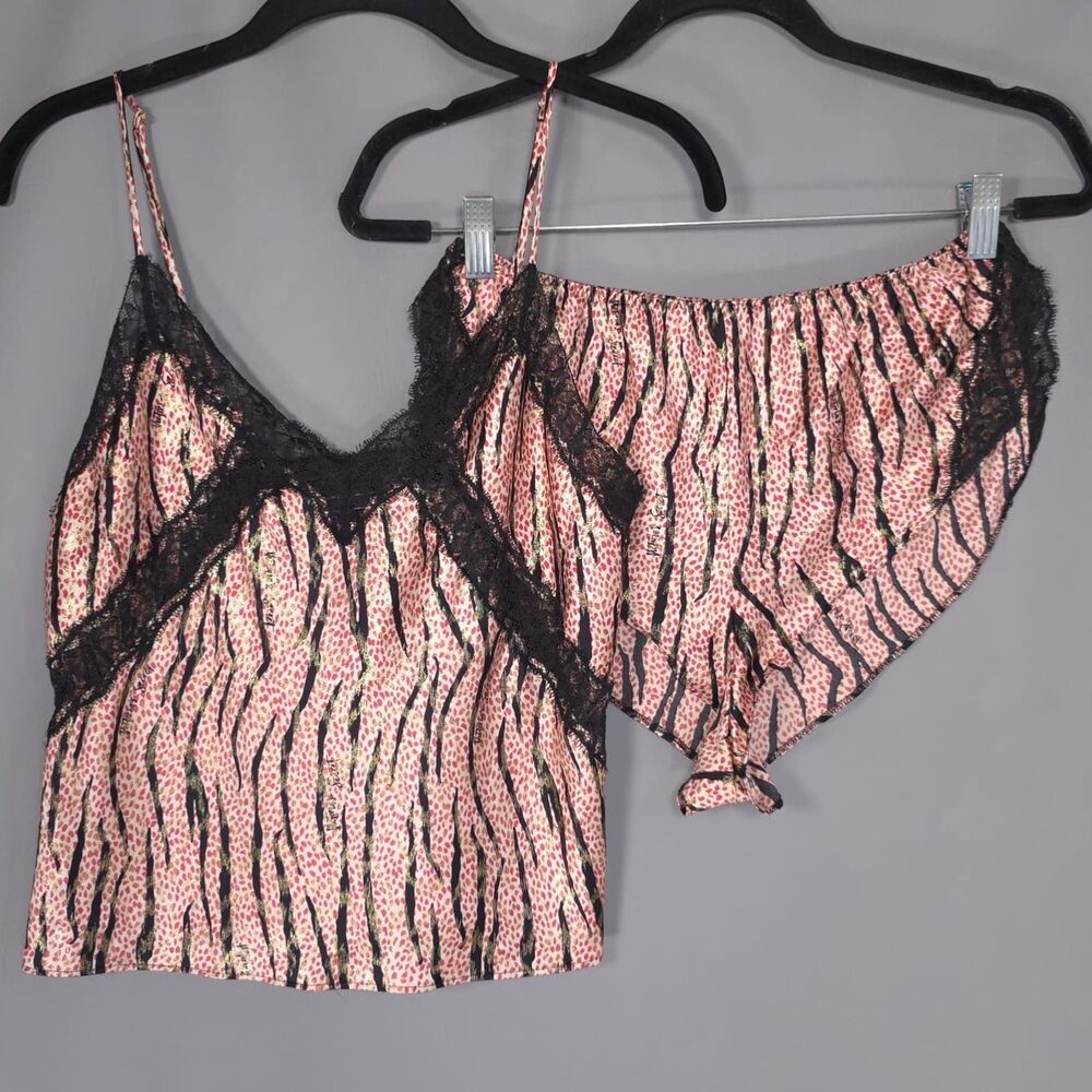 VICTORIAS SECRET Women’s Pajama Set SMALL PETITE Animal Print‎ Satin Lace Trim